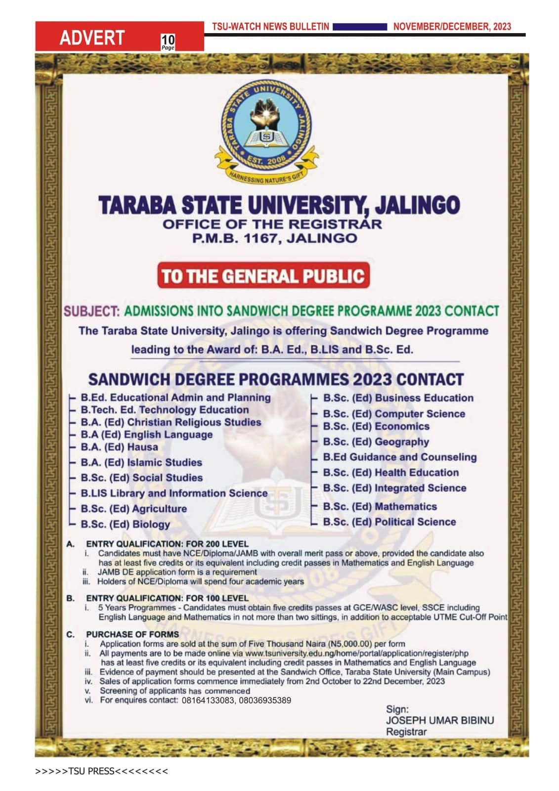 ADMISSIONS INTO SANDWICH DEGREE PROGRAMME 2023 CONTACT