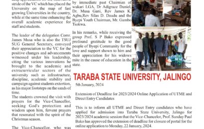 VC RECEIVES DONGA INDIGENE STUDENTS OF TARABA STATE UNIVERSITY, JALINGO (TSUJ) IN DONGA