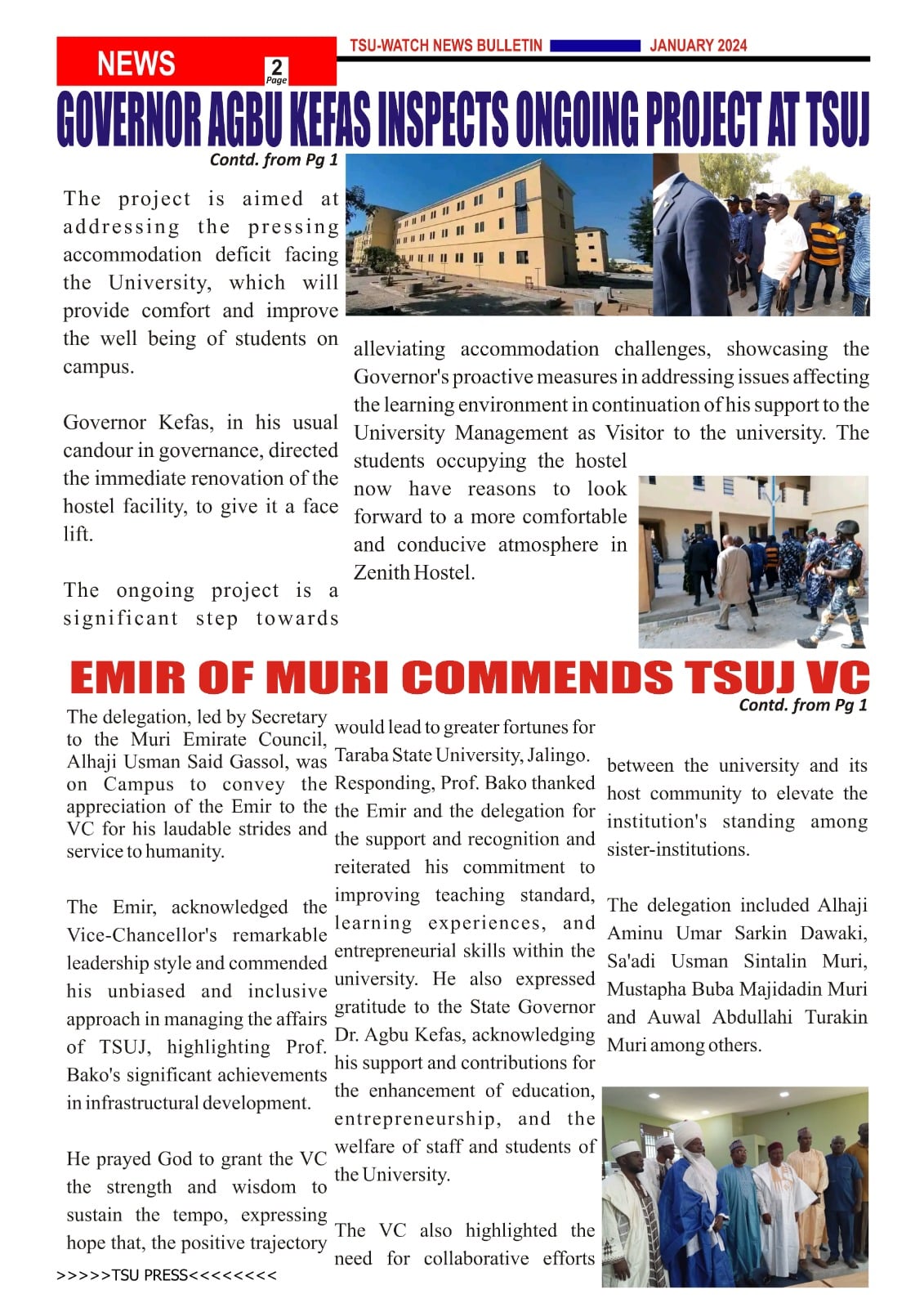 GOVERNOR AGBU KEFAS INSPECTS ONGOING PROJECT AT TSU/EMIR OF MURI COMMENDS TSUJ VC